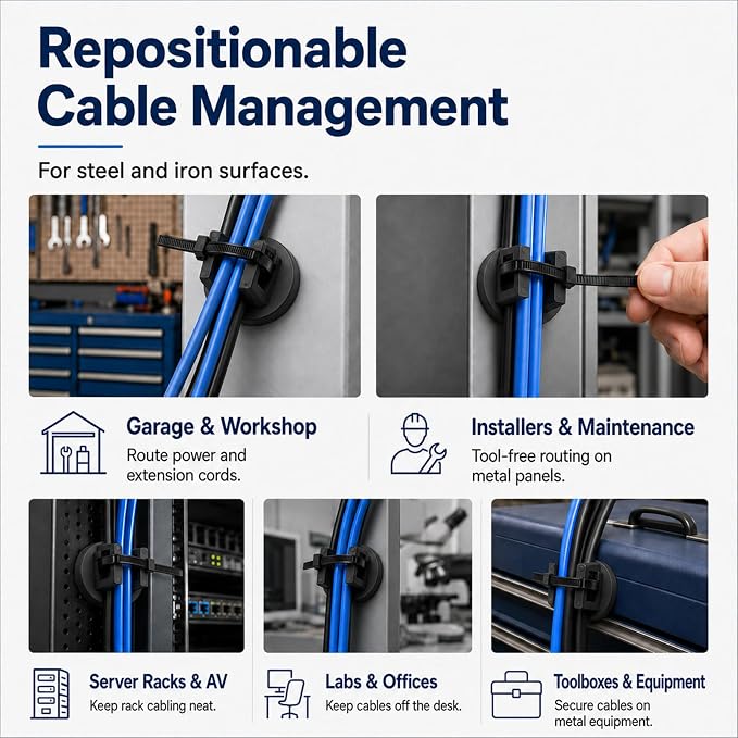 20 Pcs 36 mm Magnetic Zip Tie Mount Base with 200 Black Zip Ties, 25 lb Pull Force Large Magnetic Cable Clips, Magnet Wire Holder and Cable Tie Mounts for Wire Cord Organizer on Steel Surfaces