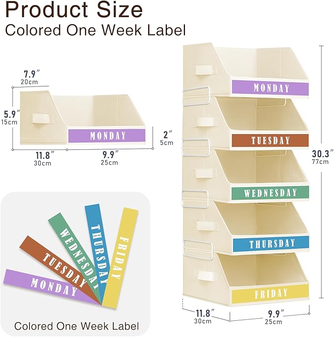 Homsorout Closet Organizers and Storage - 5 Tier Shelf Organizer with Weekly Labels, Stackable Storage Bins with Metal Frame, Foldable Cube Bins, Home Baskets for Kids and Adults, Beige
