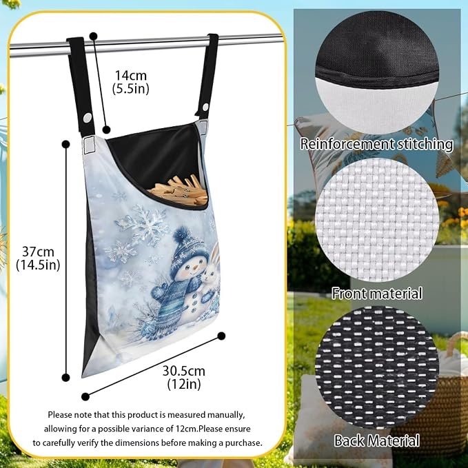 Winter Snowman Adjustable Door-Hanging Laundry Clothespin Bag Bunny Clothespin Storage Bags Laundry Clothespins Bag, Hanging Storage Organizer with Hanging Rope for Home Outdoor
