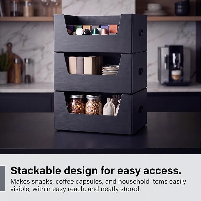 Mifoci Wood Storage Basket with Open Front Stackable Bin Basket and Handles for Pantry Shelves Gift Toys Decorative Rectangular Wooden Baskets for Home Decor (Wood, Black)