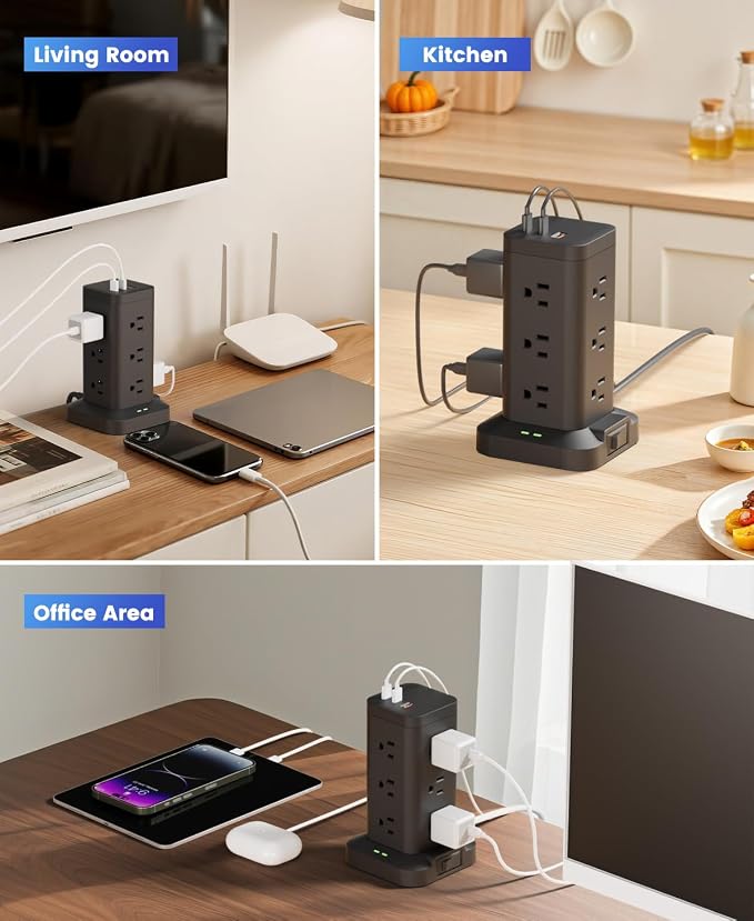 Power Strip Tower with Surge Protector 1800J, Fast Charging Tower PD20W USB-C Ports with 12 AC Outlets, Extension Cord for Home Office Dorm Room, 15ft, Black