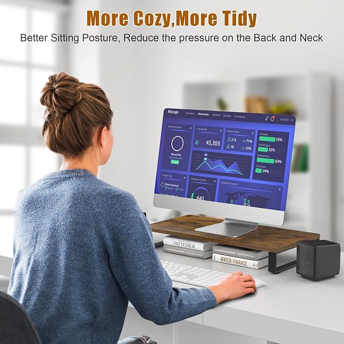 XINYAO Wood Monitor Stand Riser for Desk, 24x12x3 inch, Rustic Brown | Sturdy wooden & steel computer monitor riser; ergonomic height reduces neck strain; Organizer for Office Laptop, PC, Printer