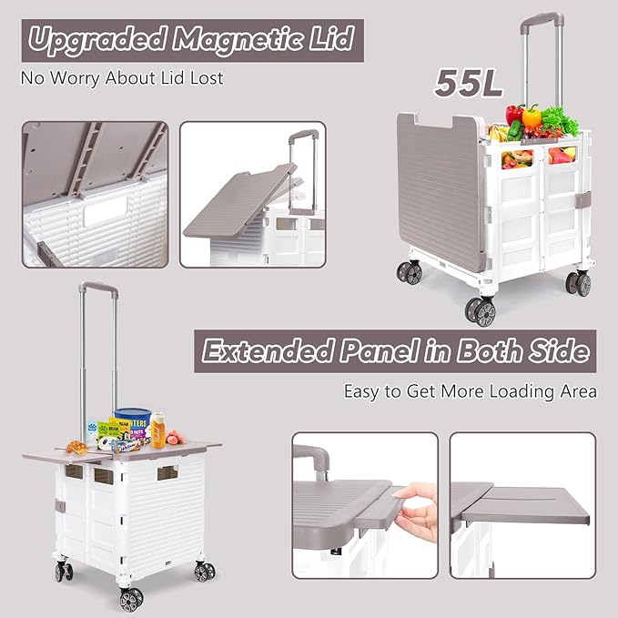 FELICON SELORSS Folding Utility Cart Rolling Crate Tote Basket Box Storage Handcart on 4 Swivel Wheels with Adjustable Handle Extended Magnetic Lid for Teacher Move Shop Travel Grocery Office(White)