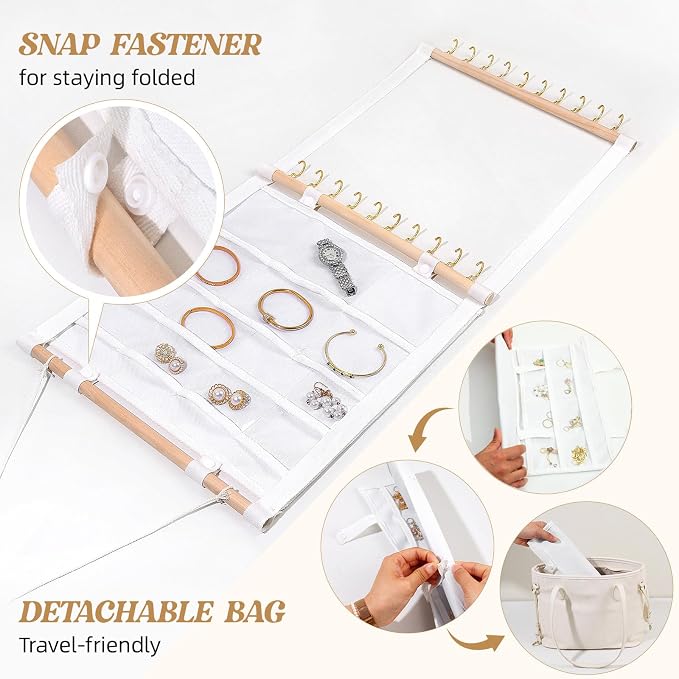 Hanging Jewelry Organizer with 20 Hooks & 14 Pockets for Women | Wall Mounted Necklace Holder Organizer With Detachable PVC Bags for Tavel, Jewelry Necklace Earring Bracelets Display