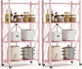 ALANNG 4 Tier Folding Storage Shelf on Wheels,Heavy Duty Metal Rolling Cart | 264 lbs Capacity, No Tools Assembly, Folds to 3.9", Lockable Casters, Portable for Kitchen Laundry Garage (Pink, 2 Pack)