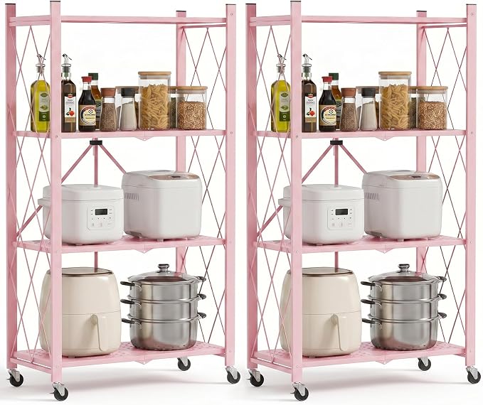 ALANNG 4 Tier Folding Storage Shelf on Wheels,Heavy Duty Metal Rolling Cart | 264 lbs Capacity, No Tools Assembly, Folds to 3.9", Lockable Casters, Portable for Kitchen Laundry Garage (Pink, 2 Pack)