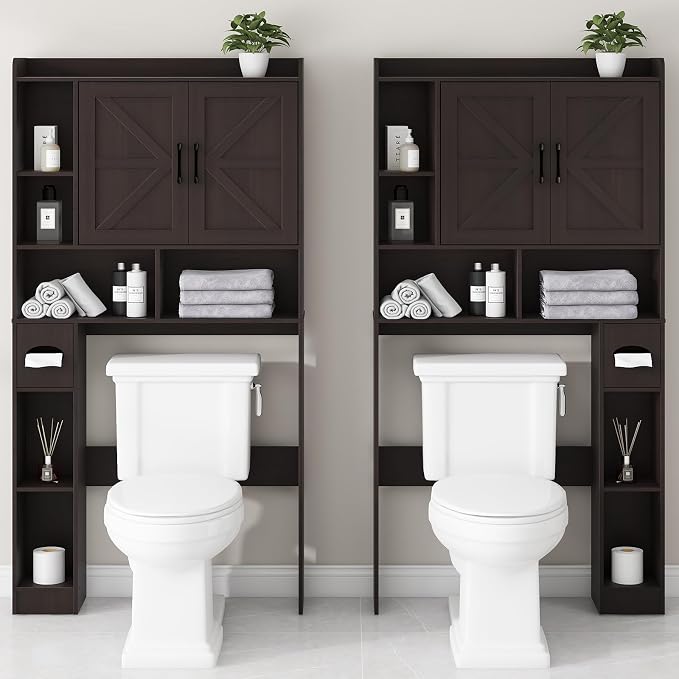 Vabches Over The Toilet Storage Cabinet with 2 Barn Doors, Espresso | Farmhouse Storage Cabinet with Toilet Paper Holder Stand，Home Space-Saving Toilet Rack, for Bathroom, Restroom, Laundry