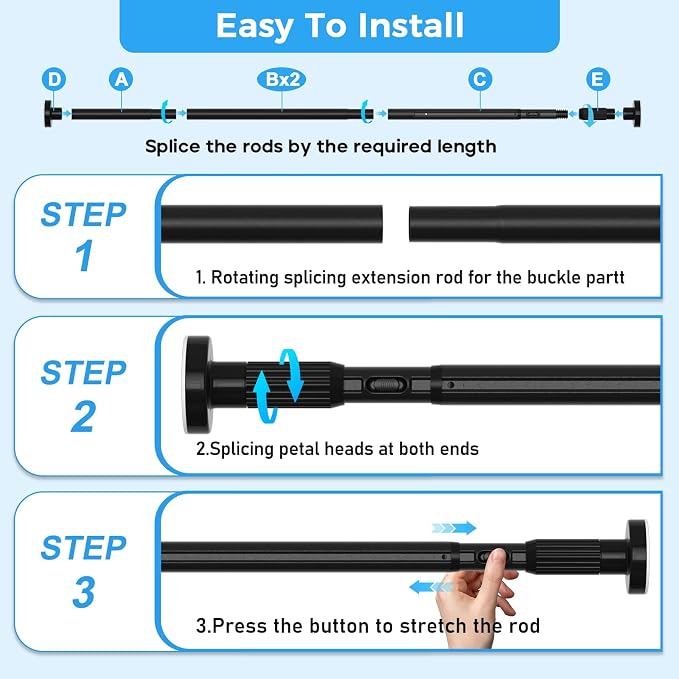 AIZESI 41-124 Inch Heavy Duty Tension Curtain Rod - No Drilling, Adjustable, Rust-Resistant for Outdoor, Living Room, Window, Bathroom (Black, 41" to 124"|2PACK)
