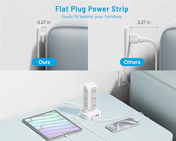 2 Prong Tower Power Strip, 2 to 3 Prong Outlet Adapter with 12 AC Outlets, 8 USB Ports, 10 FT Long Extension Cord for Non-Grounded Outlet, Home, Office, Dorm Room Use