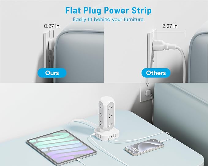 Tower Surge Protector Power Strip, 10FT Extension Cord with Multiple Outlets, Flat Plug Outlet Extender with 12 AC Outlets & 8 USB Ports, 24W Total Charging Station for Home Office Dorm Room