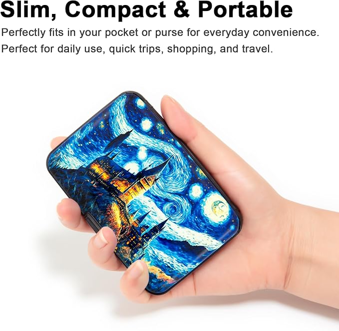 Credit Card Holder, Metal Card Wallet RFID Blocking Mini Slim Aluminum Business Hard Card Case for Women Men (Starry Night Castle)