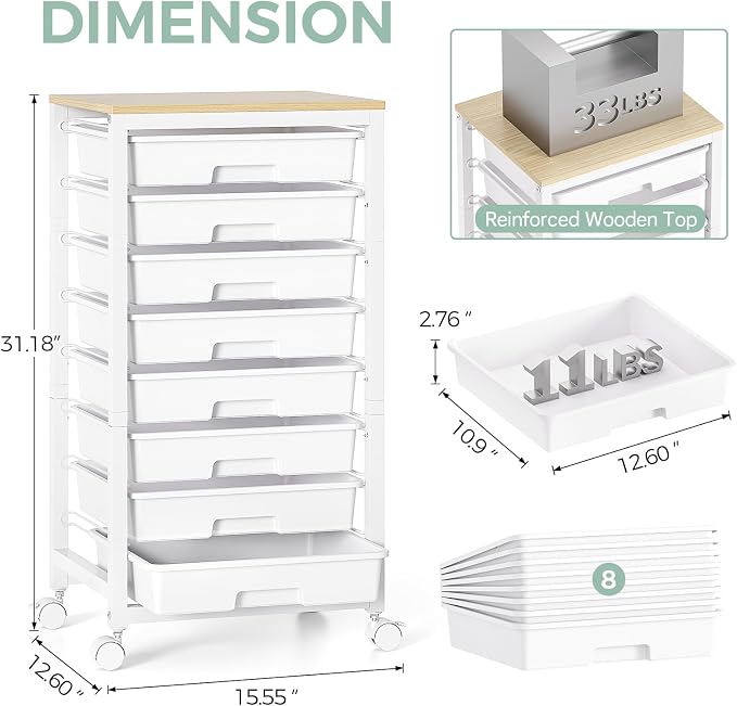 SYKIARIOL Rolling Cart with Drawers,8 Drawer Rolling Cart,Rolling Drawer Cart,Rolling Storage Drawer Cart,White Rolling Cart,Utility Cart with Drawers and Wooden Tabletop