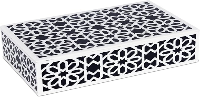 Handicrafts Home Decorative Storage Box with Lid, Black White Islamic Floral Geometry Remote Control Box, Slim Persian Mosaic Storage Box for Shelf, Desk & Living Room Decor, Shiraz 8 x 6 x 1.5