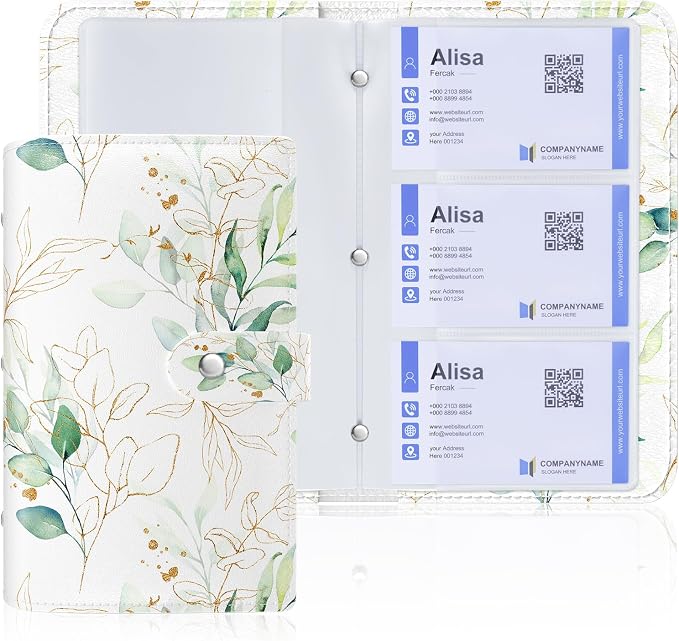 Rouidr Business Card Organizer, RFID Business Credit Card Holder with 96 Card Slots, Portable Leather Card Wallet for Women, Eucalyptus Leaf
