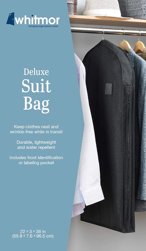 Whitmor Deluxe Suit Garment Bag, 38" Heavy Duty 3" Gusset Clothes Cover for Suits, Jackets & Uniforms, Water-Repellent Polyester with ID Pocket & Full-Length Side Zipper, Black