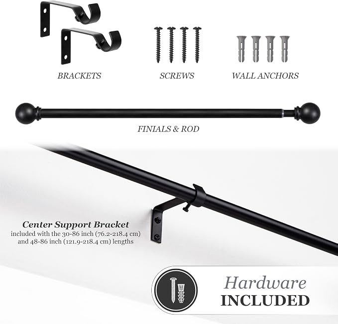 Kenney Chelsea Ball End Window Curtain Rod, 28-48" Adjustable, Black, 2 Pack