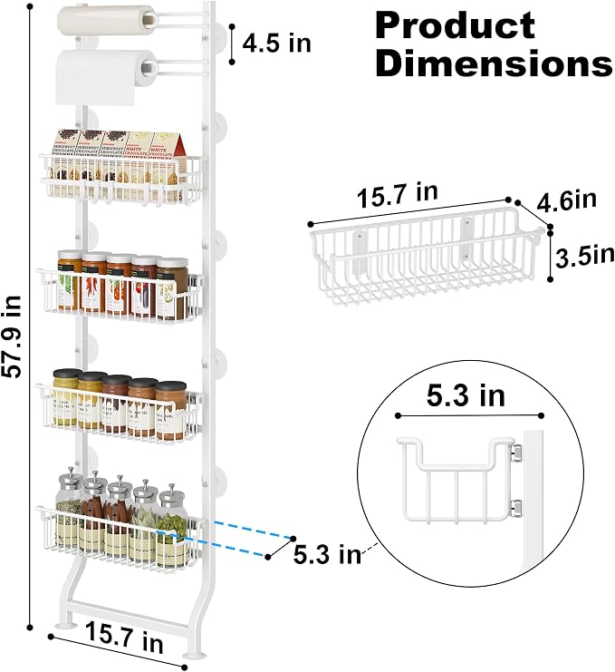 BUKFEN 6-Tier Slim Corner Shelf, Spice Rack Next to Fridge Slim, Narrow Storage Cabinet Organizer for Kitchen,Bathroom，White
