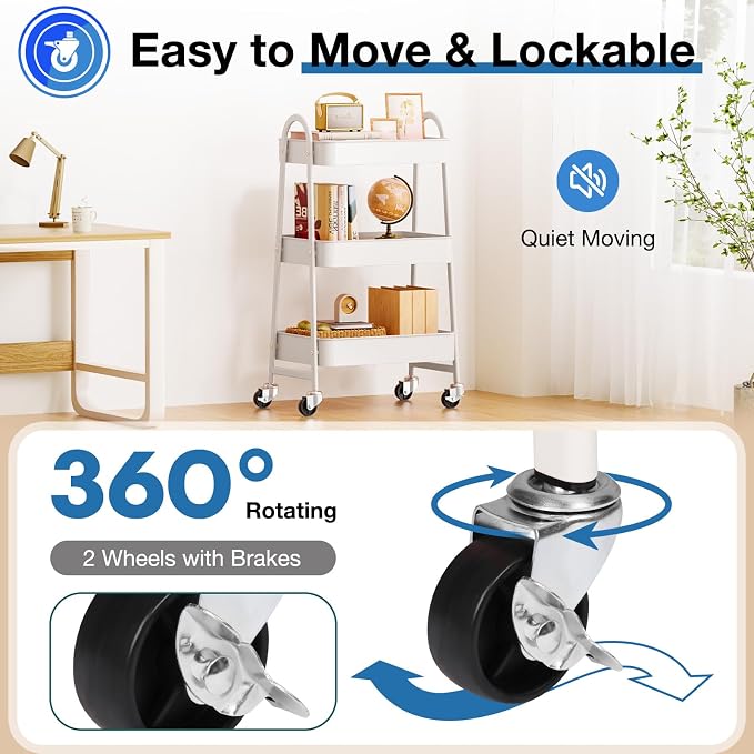 DUMOS 3 Tiers Rolling Cart, Utility Cart, Metal, White | Mobile Storage, Lockable Wheels, Utility Shelving Unit, Kitchen, Bathroom, Laundry, Narrow Places