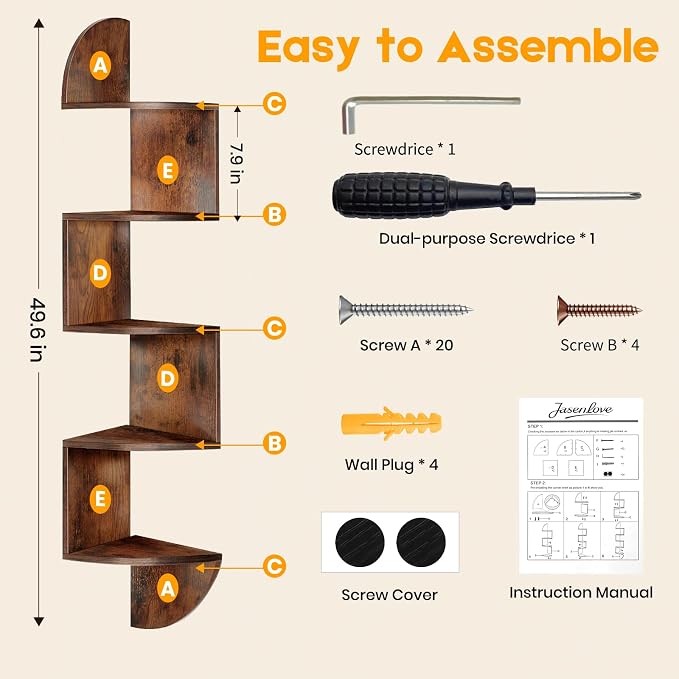 Corner Shelf Wall Mounted Corner Floating Shelves with Light | 5 Tier Corner Bookshelf Stand for Bedroom, Bathroom, Living Room, Kitchen, Office, Home Decor(Rustic Brown)