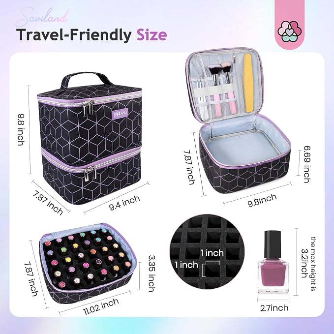SAVILAND Nail Polish Organizer Bag: PU Leather Nail Kit Organizer Holds 30 Bottles & Nail Lamp, Black Nail Supply Organizer Nail Polish Carrying Case Gel Nail Organizers and Storage Box for Nail Tech
