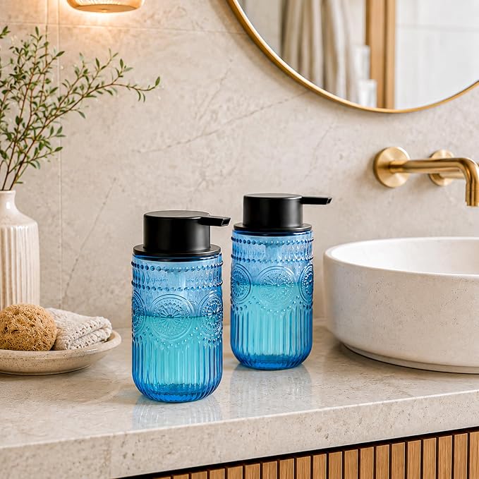 Refillable Foam Soap Dispenser Set of 2, Foaming Hand Soap Dispenser | Glass Foaming Soap Dispenser for Bathroom,Kitchen, Modern Home Decor 13.8 oz