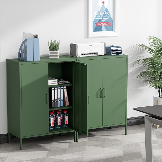 Washsemba Metal Storage Cabinet with Doors and Shelves,Multipurpose Storage Rack, 3-Tier Shelf,Metal Locker Style Accent Cabinet for Home Office,Living Room,Kitchen (Forest Green, 40''H)