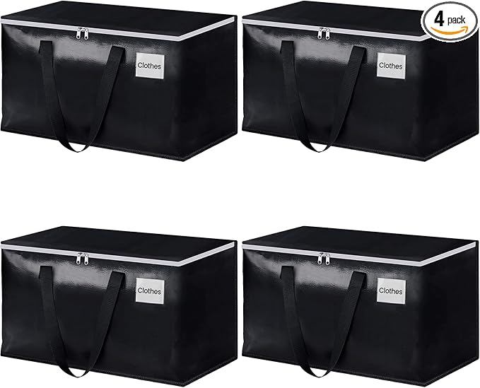 StorageRight Heavy Duty Moving Boxes-Moving Bags with Zipper, Reinforced Handles and Tag Pocket-Collapsible Moving Supplies-Totes for Storage Great for moving, Storage and Travel 93L(Black-4 Pack)