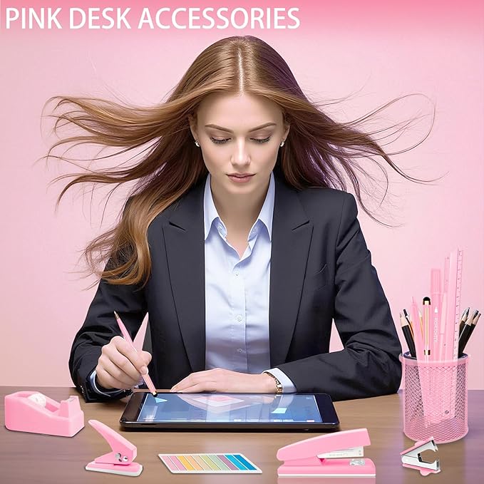 JIZHIYUAN Pink Desk Accessories Set - 16 Pcs Pink Office Supplies with Stapler, Tape Dispenser, Pen Holder, Staple Remover, Hole Punch, Practical Aesthetics Desk Sets for Office, Home, School Women