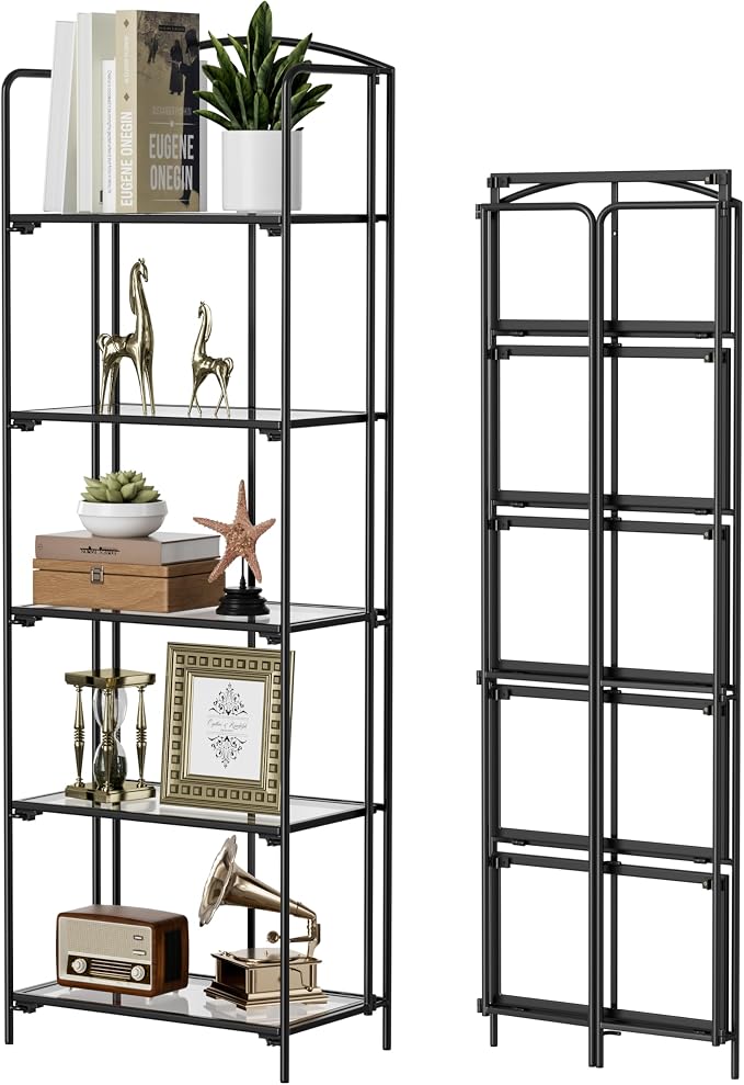 Crofy 5-Tier Foldable Bookshelf, Black Frame & Transparent Shelves | No-Assembly Collapsible Portable Storage Organizer; Sturdy Transparent Shelves; Ideal for Living Room & Home Office