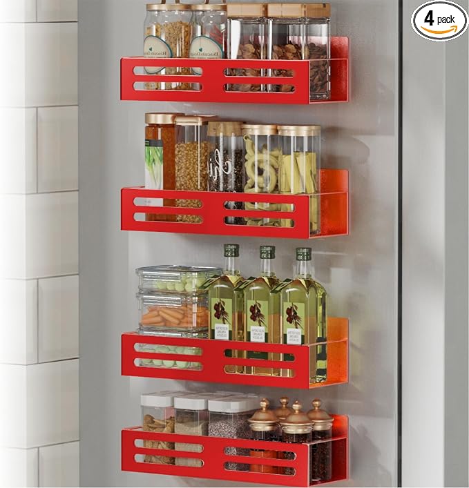 Magnetic Spice Rack for Refrigerator, Metal Spice Rack Organizer, Magnetic Shelf for Fridge 4Pack Red