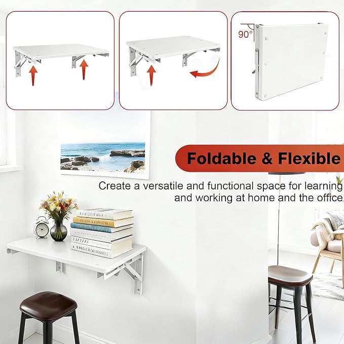 Folding Shelf Wall Mounted, 16.5inches Floating Desk for Small Space | Wooden Fold Down Projector Shelf, 2pcs Heavy-Duty Brackets Holds Up to 55lbs for Bedside, Living Room, Home Office, Kitchen