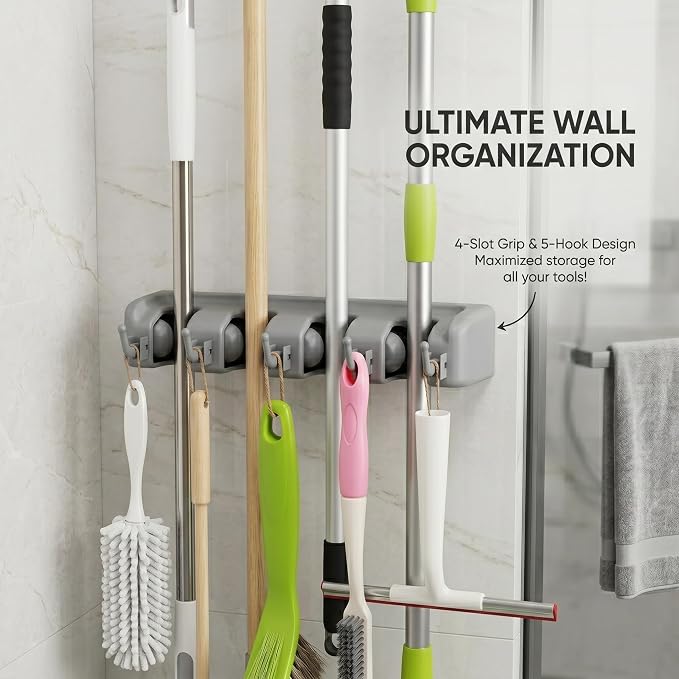 TOGU Mop and Broom Holder Wall Mounted 4 Position Storage Rack with 5 Retractable Hooks Holds up to 9 Tools Utility Weatherproof Holder for Garage Storage Systems Broom Organizer,Gray