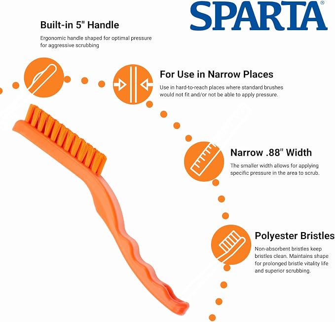 SPARTA Detail Brush Grout Brush, Crevice Brush with Hanging Hole for Bathroom, Kitchens, Countertop, Plastic, 9 Inches, Orange, (Pack of 6)