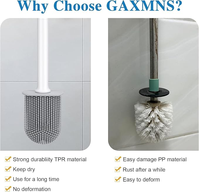 Silicone Toilet Brush and Holder Bendable Efficient Cleaning Wall Mounted Toilet Bowl Brush with Long Handle Brush Head and Silicone Bristles No Rusty Handles Problem (White)