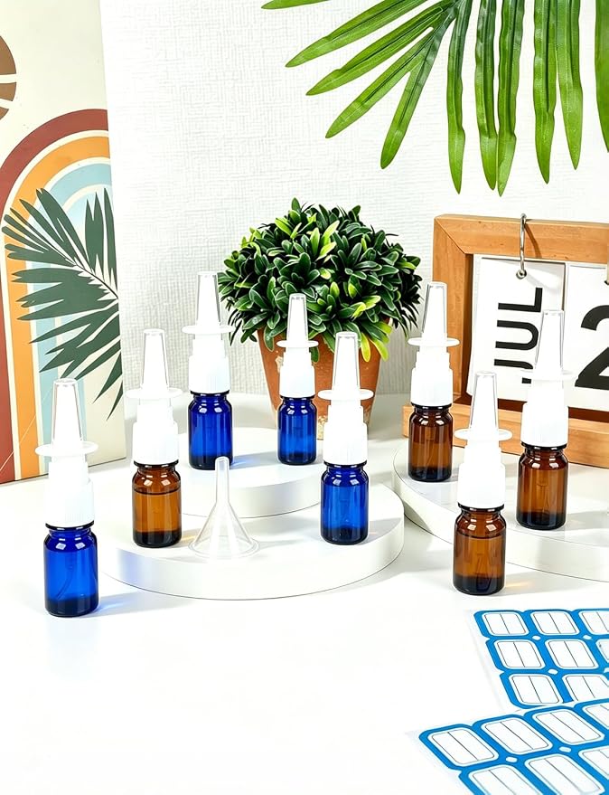 10 Pcs Nasal Spray Bottle, 5ML/0.17OZ 6 Pcs Brown Fine Mist Glass Empty Refillable Nasal Spray Bottle with 2 Funnels and 2 Labels