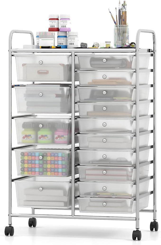 DREAMADE 15-Drawer Rolling Storage Cart, Mobile Craft Cart, Clear | Utility Organizer with Lockable Wheels, Removable Plastic Drawers and Metal Frame for Home Office, Classroom and Studio