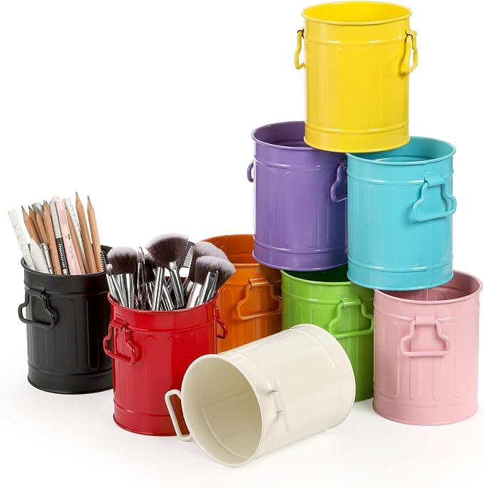 Noamus 9 Pack Metal Pen Holder, Mini Pencil Bucket with Handle, Desktop Pencil Cup Makeup Brush Organizer, Desk Colorful Small Pails, Stationary Supplies Container for Office Classroom School Crafts