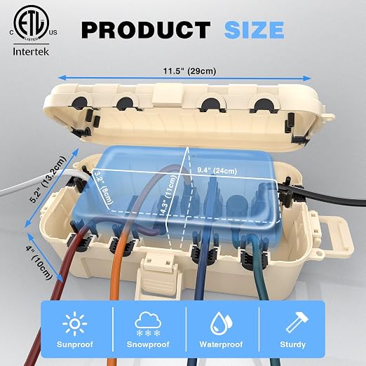 Flemoon [2 Pack] Medium Outdoor Electrical Box Waterproof, Outdoor Plug | Electrical Box (11.5x5.2x4 inch) w/6 Cable Entry Ports, Extension Cord Cover for Power Strip, Timer, Holiday Light, Almond