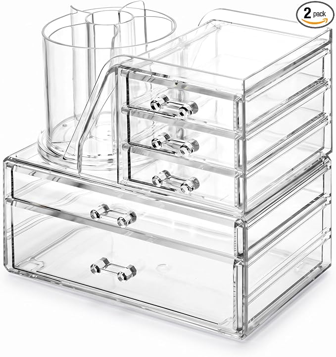 ShineMe Acrylic Makeup Organizers, 2 Tier Stackable Cosmetic Organizer for Vanity with 360° Rotating Makeup Brush Holder & 5 Drawers, Clear Hair Accessory Organizer Countertop for Dresser, Bathroom
