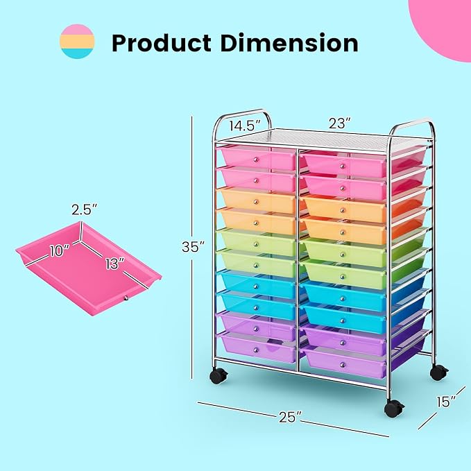 COSTWAY 20-Drawer Rolling Storage Cart, Utility Storage Organizer Cart | For Tools, Scrapbook, Paper, Craft, Multipurpose Storage Trolley on Wheels for Home Office School (Rainbow)