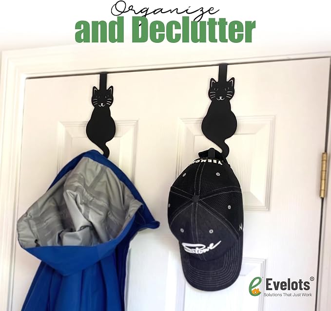 Evelots Over The Door Cat Hooks - 2 Pack - Strong Metal Kitty Decoration - Perfect for Coats, Handbags, Hats, Towels, Wreath Hanger Etc. - Hold up to 20 Pounds - Easy to Install - Rust Free