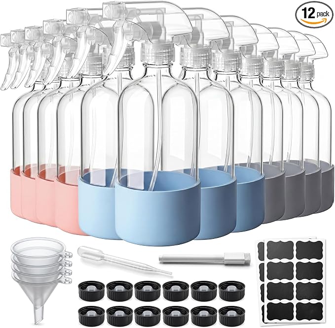 GIRAVO Glass Spray Bottles for Cleaning, 12 Pack 16 oz Refillable | Glass Mister Bottles, Silicone Sleeves, Adjustable Nozzles, Labels & Funnel Included, For Home, Plants, Hair