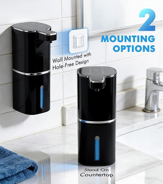 RYTOXILO Automatic Soap Dispenser Touchless, 2 Pack Black Auto Soap Dispensers for Bathroom and Kitchen, 15 Fl Oz Plastic Electric Dish Liquid Dispensers Wall Mount with 1200 mAh Battery
