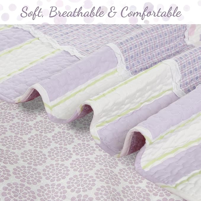 Cozy Line Lavender Green Stripe & Purple Dots Quilt Set – 3-Piece 100% Cotton Reversible All-Season Bedspread with Shams, Girls Kids Bedroom Décor, Queen
