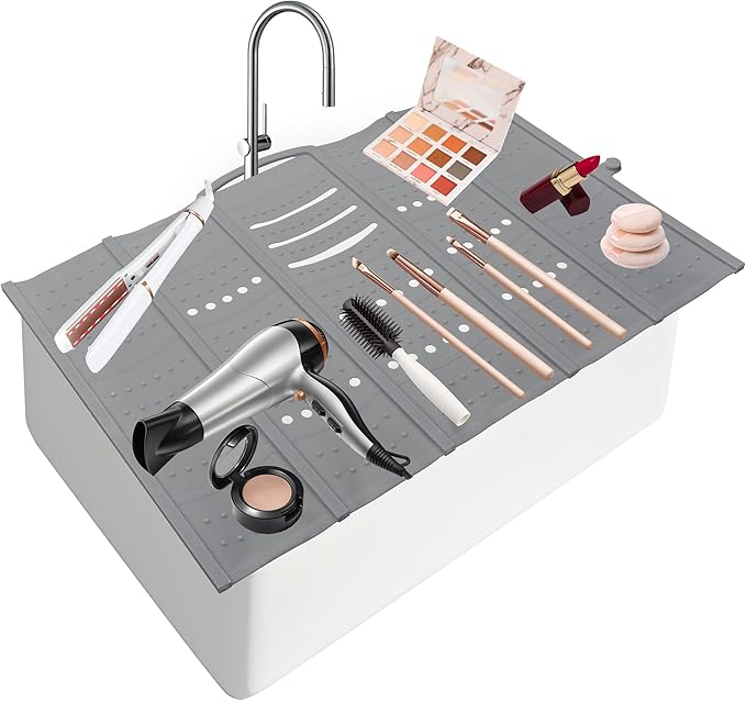 Mofason Large Bathroom Sink Makeup Mat Space Saver,Silicone Makeup Organizer Cover for Over Countertop,Small Bathroom Must Haves Accessories Rv Camper Travel Foldable Gadgets-Grey.