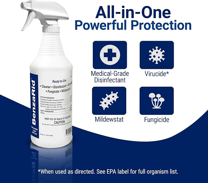 BenzaRid Hospital Disinfectant Virucide Spray Kills 99.99% of MRSA, COVID-19, H5N1, Staph, Avian Flu, Bacteria & Mold | EPA Reg. for Medical, Dental, Veterinary, Farm & Home Use 32 oz