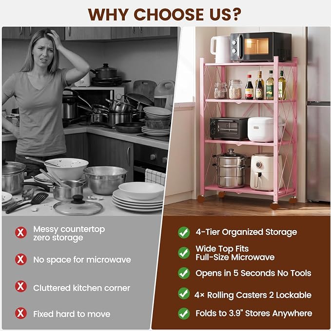 ALANNG 4 Tier Folding Storage Shelf on Wheels,Heavy Duty Metal Rolling Cart | 264 lbs Capacity, No Tools Assembly, Folds to 3.9", Lockable Casters, Portable for Kitchen Laundry Garage (Pink, 2 Pack)