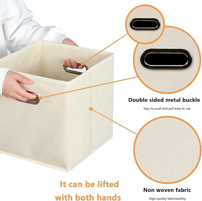 Fabric storage bins Cubes, Fabric Cube Organizer with Handle, Foldable Cube Bins for Cloth or Accessary Storage, 11x11x11, Set of 8, (Creamy White)