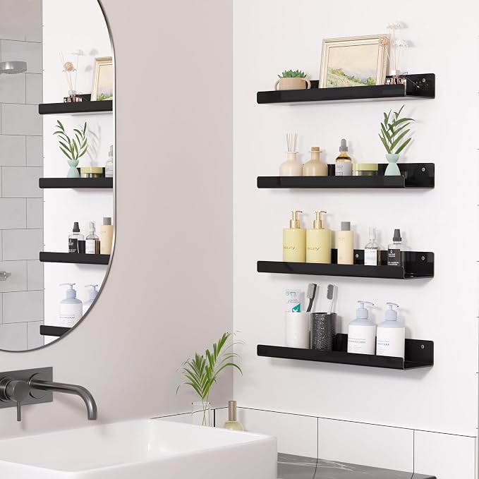 upsimples 2 Pcs 15" Acrylic Shelves for Wall Organize and Display, Black | Cute Floating Shelf for Perfume, Skincare, Nail Polish, Wall Organizer for Bedroom, Living Room, Playroom, Room Décor