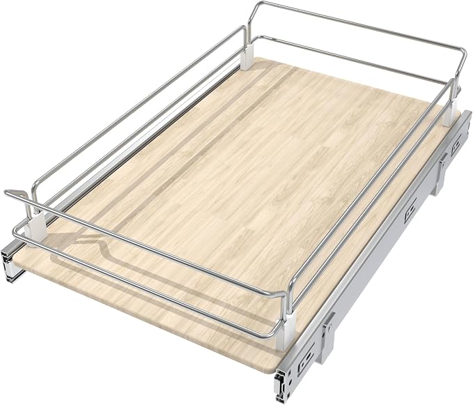 Pull Out Cabinet Organizer 14.45" W X 22" D, Wood & Chromed | Full Slide Out Drawers For Kitchen Cabinets, Cabinets Capacity Heavy Duty Caddy, Cabinet Pullout Shelves , Pantry Storage